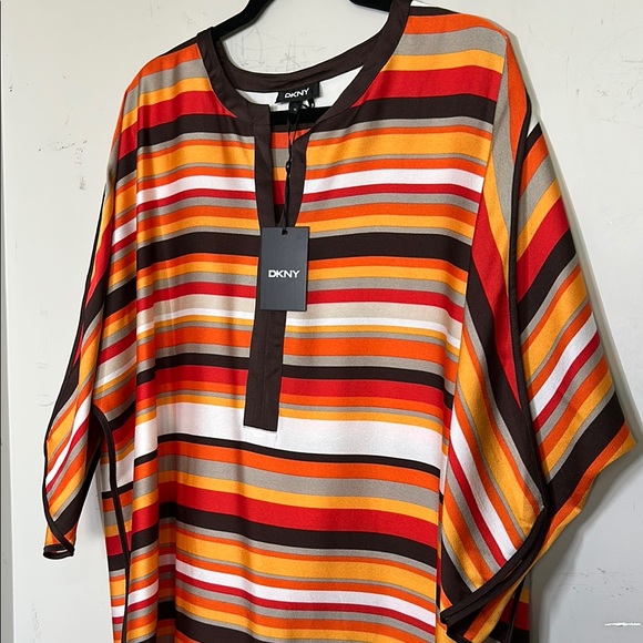 DKNY Dress Women's XL Multi Striped Split-Neck Elbow-Sleeve Shirttail Dress - Picture 5 of 14